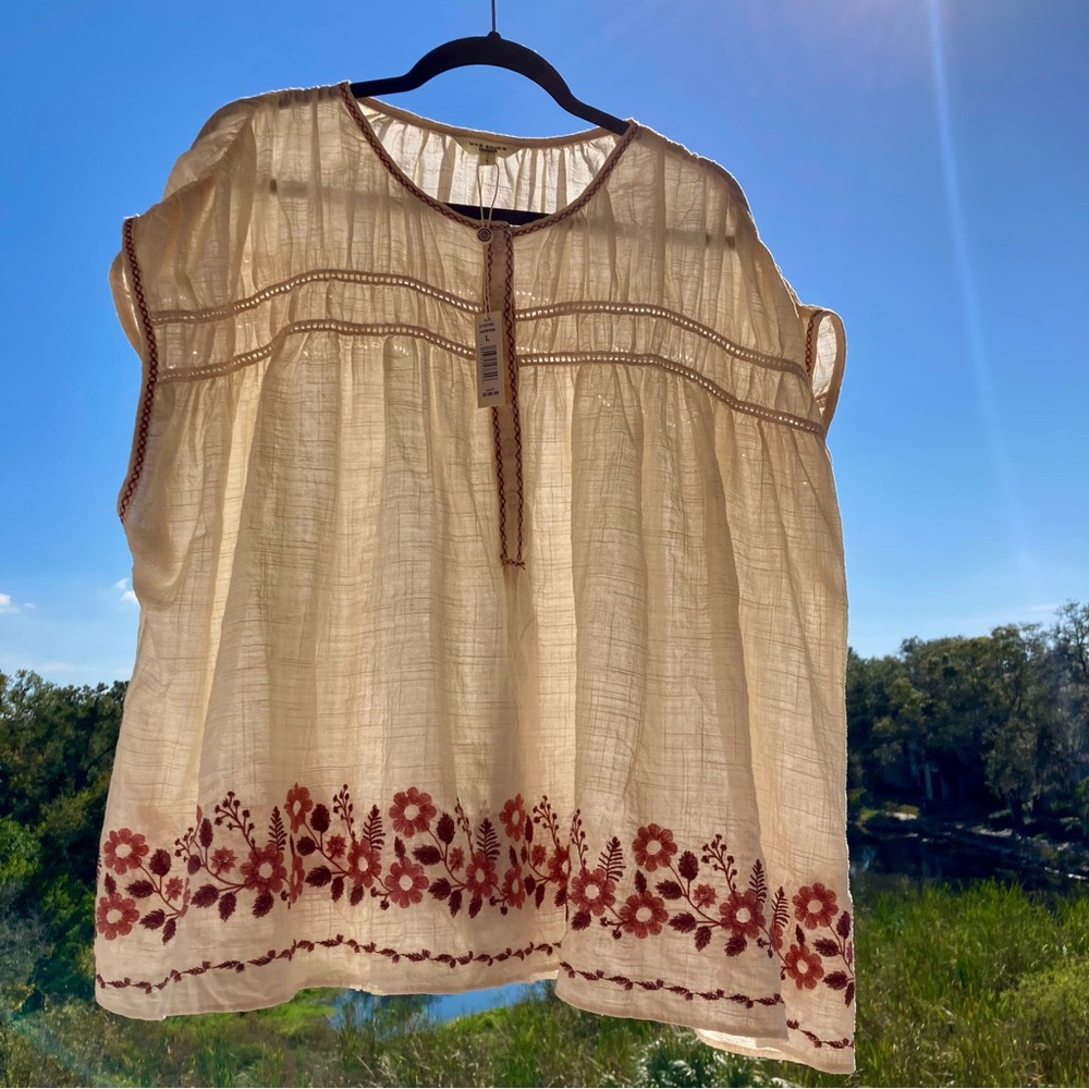 NWT BLOUSE MAX STUDIO Cream  with Pink Embroidery/Retro Vintage Style SZ: L